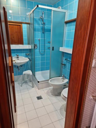 a bathroom with a shower and a toilet and a sink at Villaggio Turistico Ploner - nel cuore delle Dolomiti tra Cortina e Dobbiaco in Dobbiaco
