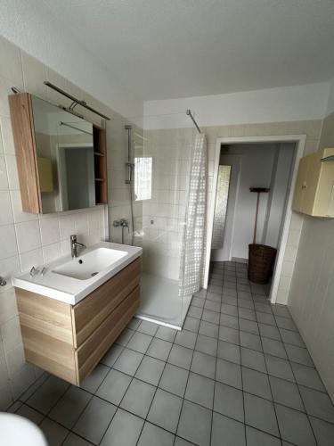 een badkamer met een wastafel, een douche en een spiegel bij Urlaub im Grünen in Stahnsdorf