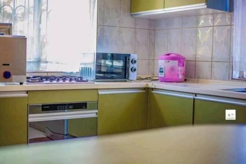 una cocina con un aparato rosa en la encimera en T3c Gardens, en Lusaka