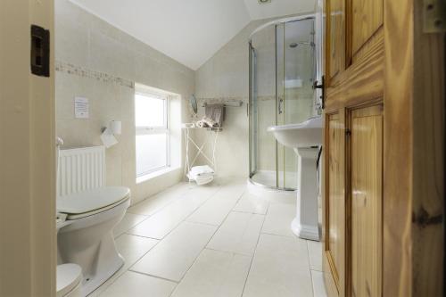 a bathroom with a toilet and a sink and a shower at Rhea Holiday Home Bantry in Bantry