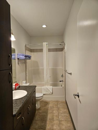 a bathroom with a shower and a toilet and a sink at SureStay Studio by Best Western Hardisty in Hardisty