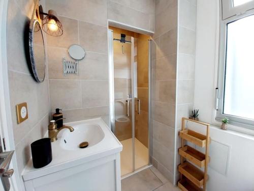 une salle de bain avec un lavabo et une douche dans l'établissement Appartement Cosy Ploumanac'h classé 2 étoiles, à Perros-Guirec