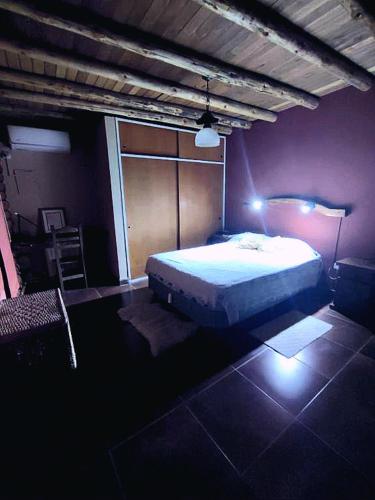 Las Heras的住宿－LaFinca，一间卧室配有一张床和紫色的墙壁