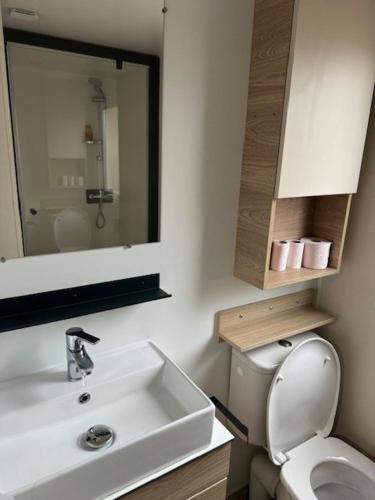 La salle de bains est pourvue d'un lavabo et de toilettes avec un miroir. dans l'établissement Mobile- Home AMIRA, à Valras-Plage