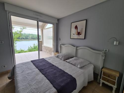 een slaapkamer met een bed en uitzicht op het water bij GITE DE CHARME in Changey