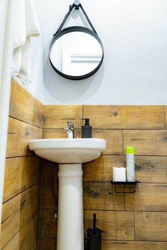 a bathroom with a sink and a mirror on the wall at Evergreen Hostel Metrostroevskaya in Almaty