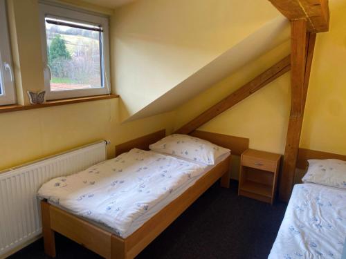 two beds in a small room with a window at Penzion Pod Ždánovem in Nezdice