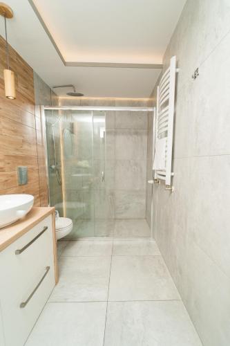 a bathroom with a shower and a toilet and a sink at Apartview Bukowa III by Rent like home in Wisła