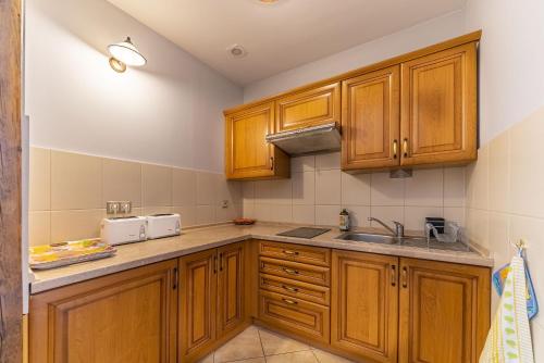 a kitchen with wooden cabinets and a sink at Nefryt - 600 m od PKP, duży parking, lodówka, czajnik, balkon, in Karpacz