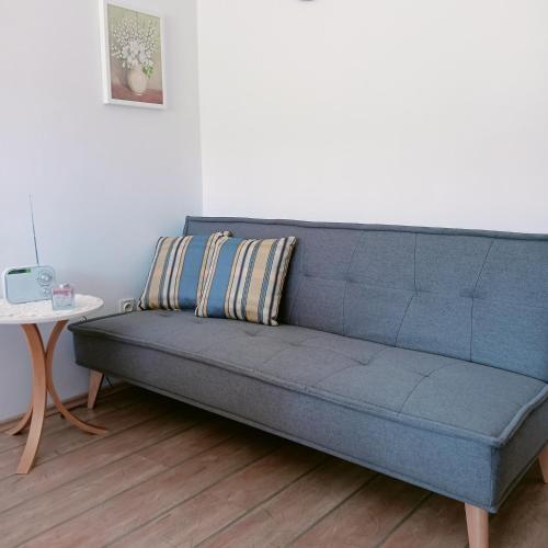a blue couch in a living room with a table at Apartments & Wellness Dalija with Massages studio in Podčetrtek