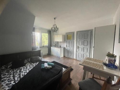 a bedroom with a bed and a table and a kitchen at Apartamenty i pokoje u Staszelów in Poronin