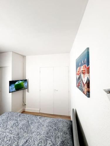 une chambre avec un lit et une télévision sur un mur dans l'établissement Studio St Ursule R2, à Montpellier