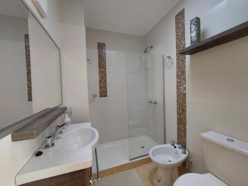 W łazience znajduje się umywalka, toaleta i prysznic. w obiekcie Departamentos Equipados Realico w mieście Realicó