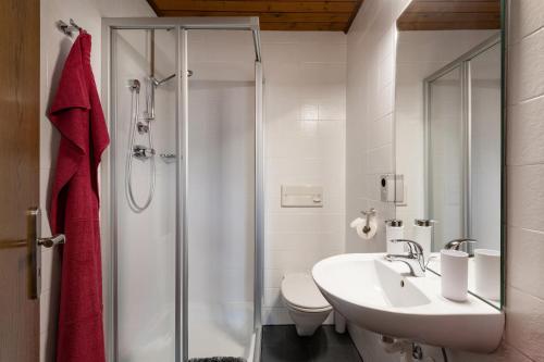 a bathroom with a shower and a sink and a toilet at Haus Kexel in Sankt Johann in Tirol