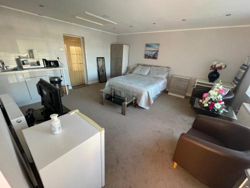 um quarto com uma cama, uma televisão e um sofá em studio flat near NEC, Solihull & Airport. Short & Long stay Contractors HS2, NHS em Solihull