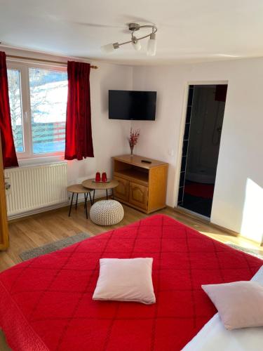 ein Schlafzimmer mit einem großen roten Bett mit einer roten Decke in der Unterkunft Casa Nicole in Moieciu de Jos