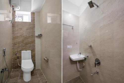 two pictures of a bathroom with a toilet and a sink at The Balcony Suites in Hyderabad