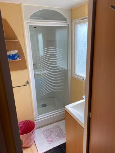 une salle de bain avec douche et lavabo dans l'établissement Mobil Home 5 personnes - Camping *** Les Ollivaud-, à La Baule