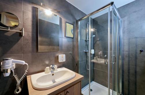 a bathroom with a sink and a shower at Adonis Hotel Strasbourg in Strasbourg