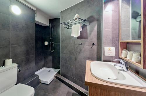 a bathroom with a sink and a toilet and a shower at Adonis Hotel Strasbourg in Strasbourg