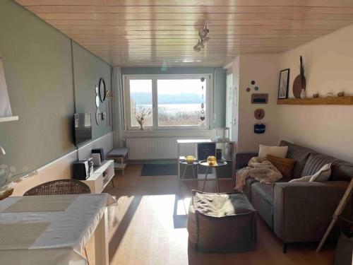 Seeluft direkt am Wasser في رايشناو: غرفة معيشة مع أريكة ونافذة