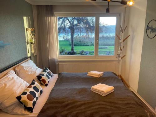 1 dormitorio con cama con almohadas y ventana en Seezauber direkt am Wasser en Reichenau