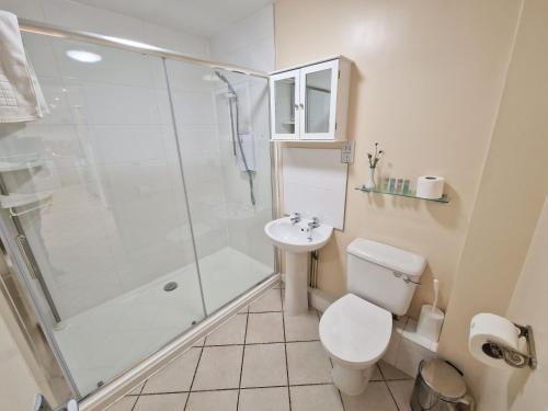 a bathroom with a shower and a toilet and a sink at Town End in Leighton Buzzard