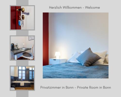 a collage of pictures of a bedroom with a bed at Privatzimmer Haus Schweiz in Bonn