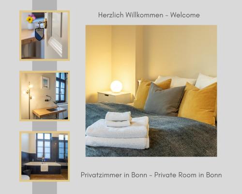 een collage van foto's van een slaapkamer met een bed bij Privatzimmer Haus Schweiz in Bonn