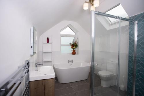 Baño blanco con lavabo y aseo en Ciliau, en Cardigan
