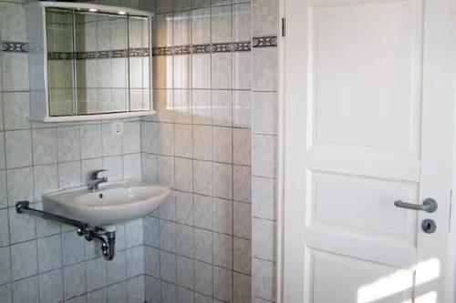 y baño con lavabo y espejo. en Friesisches Reetdachferienhaus, en Bordelum