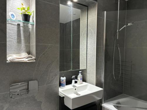 a bathroom with a white sink and a shower at Double room with shares bathroom in Woolwich
