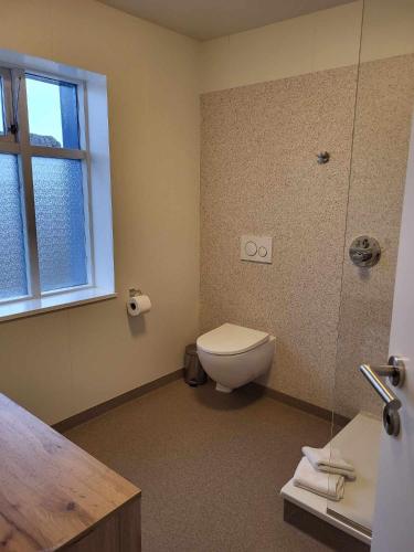a bathroom with a toilet and a shower at Setberg in Egilsstadir