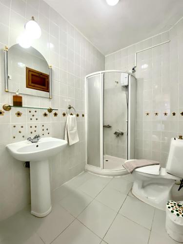 a bathroom with a shower and a sink and a toilet at Akdeniz Pansiyon in Ekincik