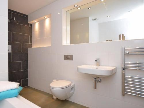 a bathroom with a toilet and a sink and a mirror at Sienna Cottage in Bradworthy