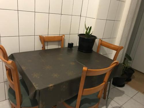 einem schwarzen Tisch mit Stühlen und einer Topfpflanze darauf in der Unterkunft Quarto no centro d Lisboa in Lissabon