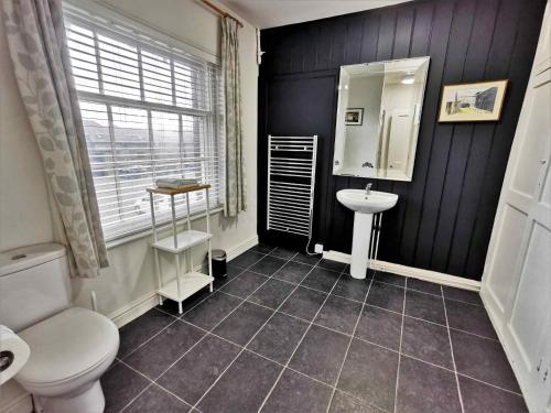a bathroom with a toilet and a sink at Beacon View in Ivinghoe