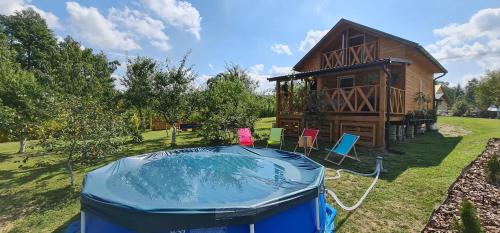 a house with a pool in the yard with a building at Piniowy Domek - Roztocze in Siedliska