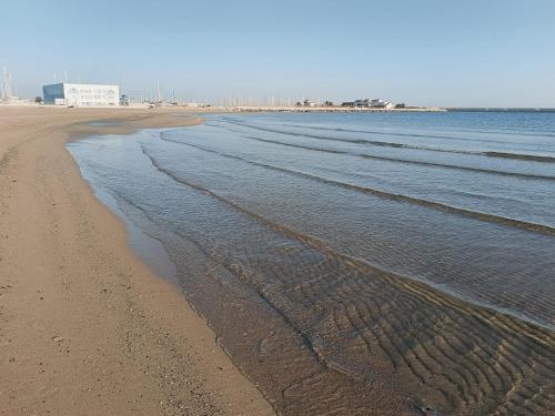 una spiaggia sabbiosa con onde che arrivano dall'oceano di il Portichetto a Pescara
