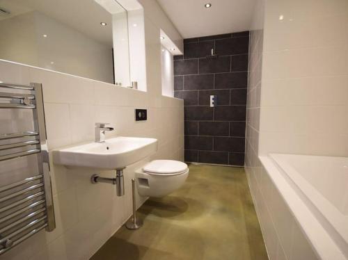 a bathroom with a toilet and a sink and a tub at Ochre Cottage in Holsworthy