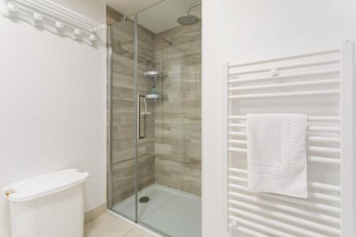 La salle de bains est pourvue d'une douche avec une porte en verre. dans l'établissement L'Ivoire - Joli appartement - 1 chambre avec, à Rennes