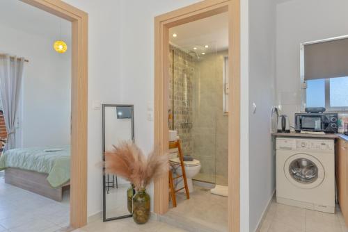 uma casa de banho com um chuveiro, um WC e um lavatório. em Marvinas seaside apartments, Earth apartment & Ocean jacuzzi apartment em Kremasti