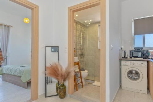 a bathroom with a shower and a toilet and a sink at Marvinas seaside apartments, GAIA apartment & HYDOR jacuzzi apartment in Kremasti