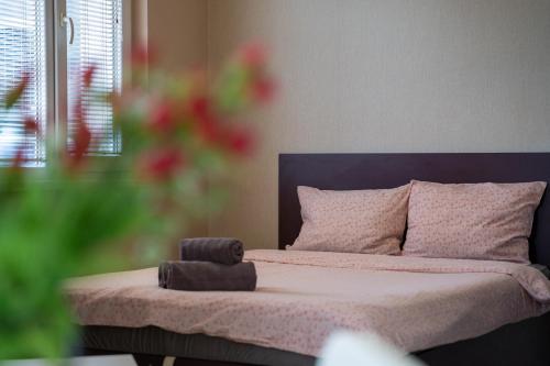 a bedroom with a bed with a purple head board at Funky apartment in Studentski Grad in Sofia