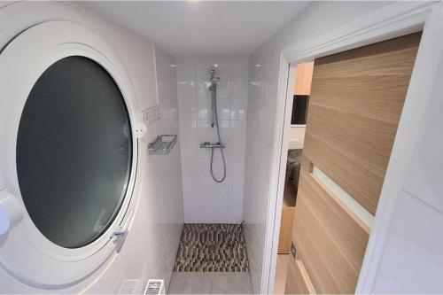 La salle de bains est pourvue d'une douche et de toilettes avec un miroir. dans l'établissement Les Marquises - bord de mer, à Roscoff