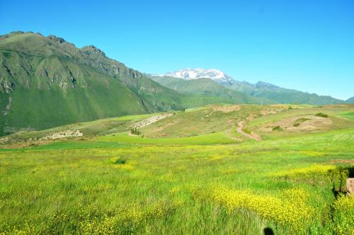 a field of grass with mountains in the background at Pampachayoq - Mountain retreat in Urubamba