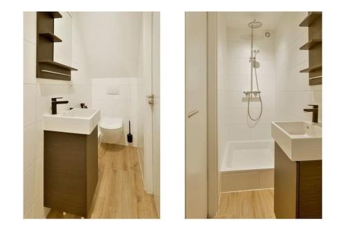 two pictures of a bathroom with a sink and a shower at Gastenverblijf in Badhoevedorp