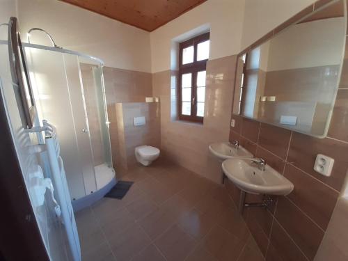 een badkamer met 2 wastafels, een douche en een toilet bij Penzion hrad Doubravka in Teplice