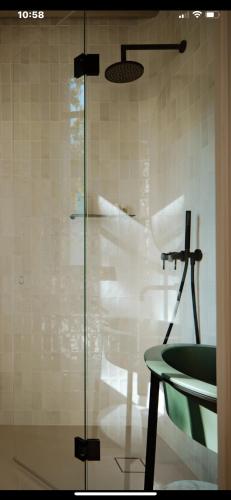 La salle de bains est pourvue d'une douche en verre et d'un lavabo. dans l'établissement Le Nénuphar, à Neuilly-sur-Seine