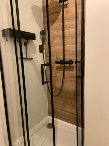 a shower with a glass door in a bathroom at Garden Place Apartment in Warsaw